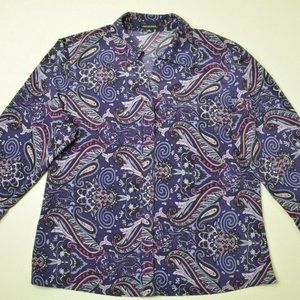 NOTATIONS Sz XL Womens Purple PAISLEY 3/4 Sleeve V Neck Collared BUTTON Up Shirt
